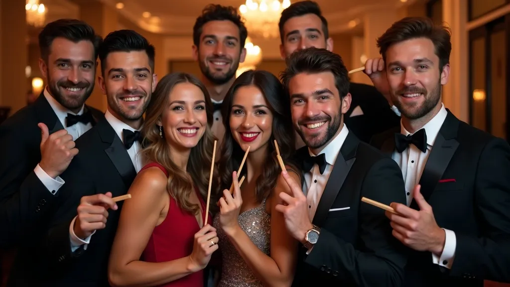 Collègues de bureau s'amusant au photobooth lors d'un événement de team building