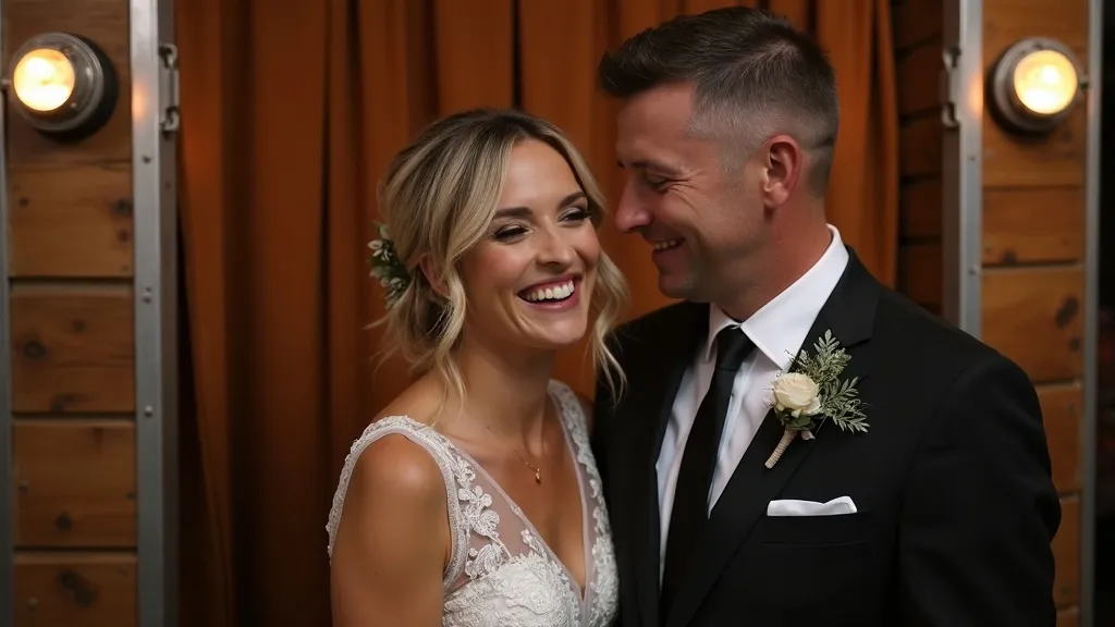 Mariés heureux posant devant un photobooth rétro